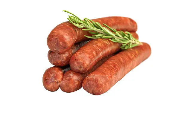 Sausages Made Of Chorizo Mince In Natural Casing From Intestines In  A Heap Isolated On White Background, Cookout Food For Grilling Or Barbecuing, Top View, Close Up
