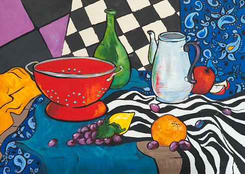 Still life oil painting on canvas in the style of Fauvism.