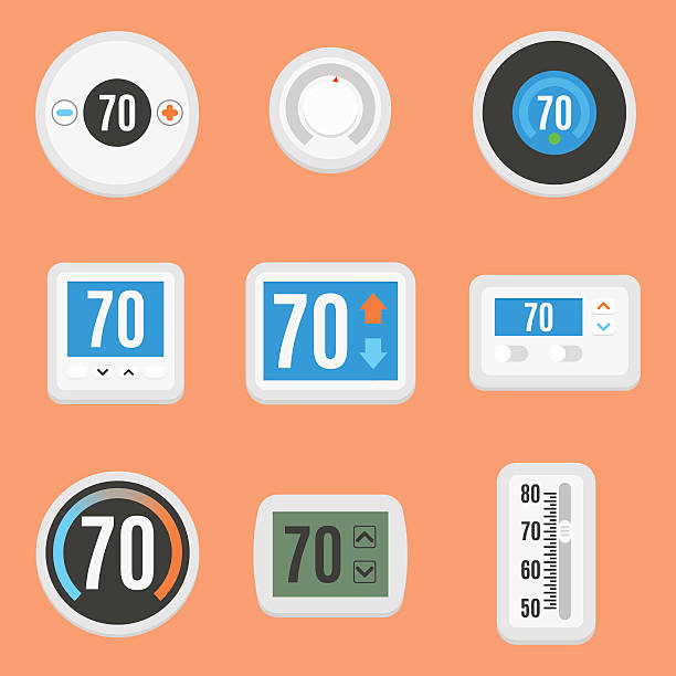 Flat thermostats set Collection of nine different, flat thermostat icons. Vector, eps10. temperature control stock illustrations