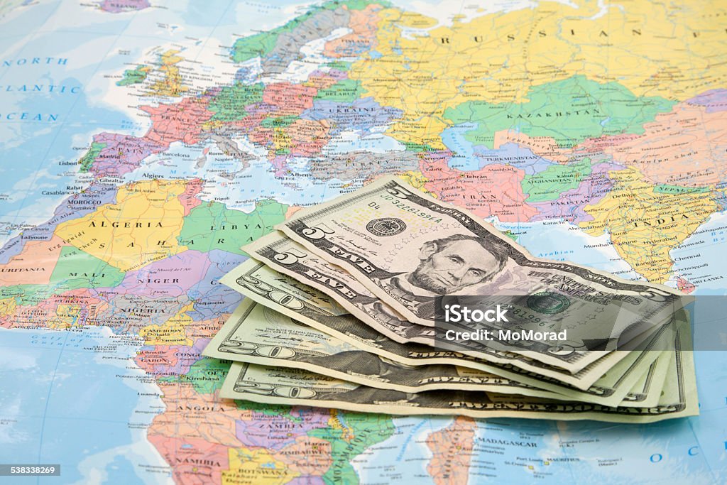 Map and dollar U.S dollar and map of Asia Africa Stock Photo