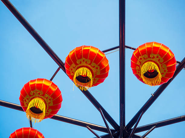 istock red lantern, China style, hanging on outdoor sky 538339317