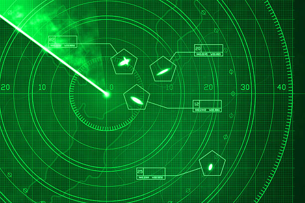 illustrazioni stock, clip art, cartoni animati e icone di tendenza di schermo radar verde con obiettivi militari e di dati - sea safety antenna radar