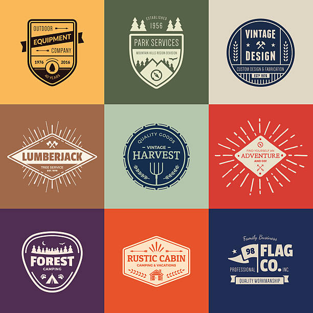 Vintage badge graphics Set of retro vintage badges and label graphics. log cabin vector stock illustrations