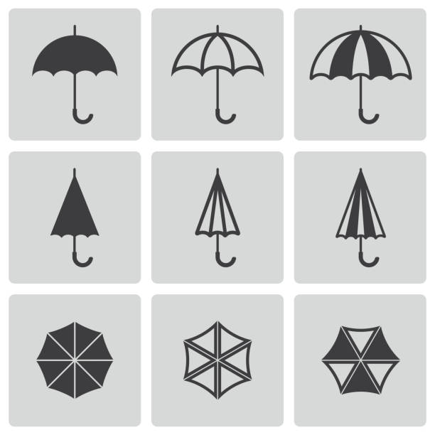 Vector black umbrella icons set Vector black umbrella icons set on grey background rain silhouettes stock illustrations