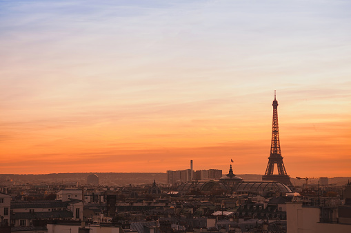 skyline of Paris, sunset panoramic view of Eiffel Tower
