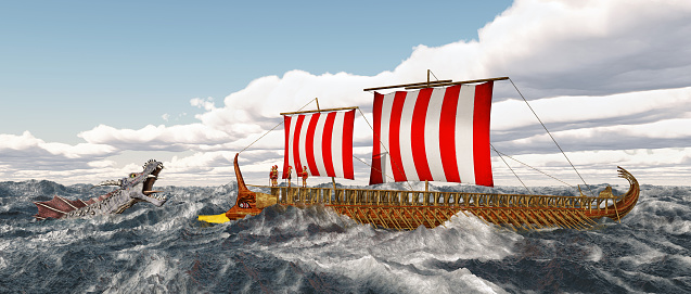 Computer generated 3D illustration with Odysseus, Charybdis and Skylla