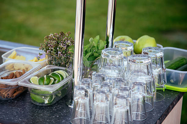 Accessories and ingredients for cocktail at the outdoor bar