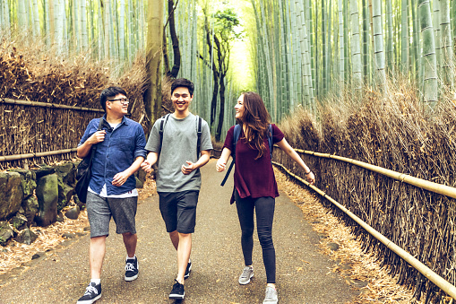 College Students taking a hiking trip to Bamboo Forest in Arashiyama, Kyoto, Japan