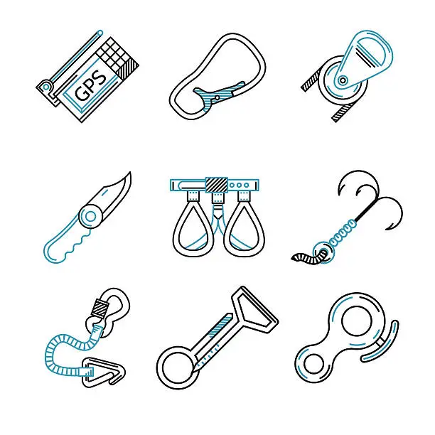 Vector illustration of Flat line vector icons for rock climbing equipment