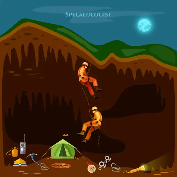 Vector illustration of Professional cavers industrial climbing cave exploration