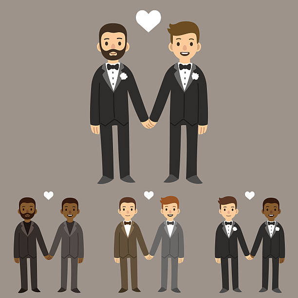 Gay guy wedding couples A set of four different happy gay wedding couples holding hands gay males stock illustrations