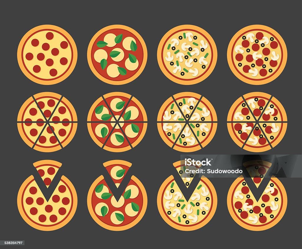 Pizza icons Set of 12 flat pizza icons, sliced with separate pieces and unsliced. Pepperoni, Margherita, Veggie lover pizza, and Pepperoni with olives and mushrooms. Pizza stock vector