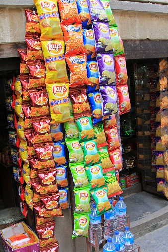 Kathmandu, Nepal - 12 April 2014 : Different type of Lay's, Potato Chips sold on the street in Kathmandu, Nepal