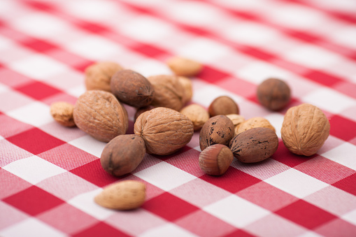 Horizontal photo of assorted nuts in shells on red gingham tablecloth with blurred background
