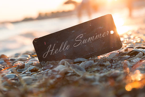 Hello Summer text and sunset on the beach. stock photo