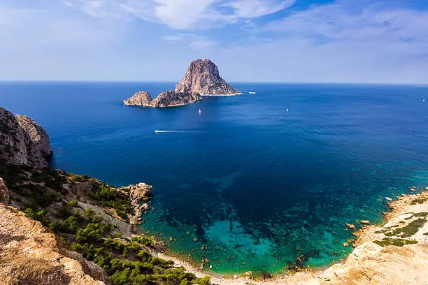 Majestic scenery of the Mediterranean Sea coastline on the Island of Ibiza, Spain. High vista point view near a popular touristic trail towards the rock formations called by the locals - Gate to Atlantis. Shot on Canon EOS, ultra wide angle lens, ISO 100, f9.