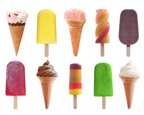 Various flavors of icecream, ice lollies and popsicles as a collection over a white background