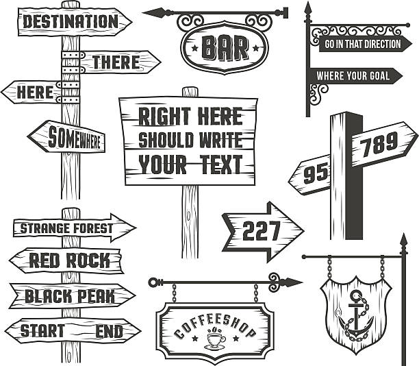 팻 말 있는 코믹 스타일 - sign wood road sign directional sign stock illustrations