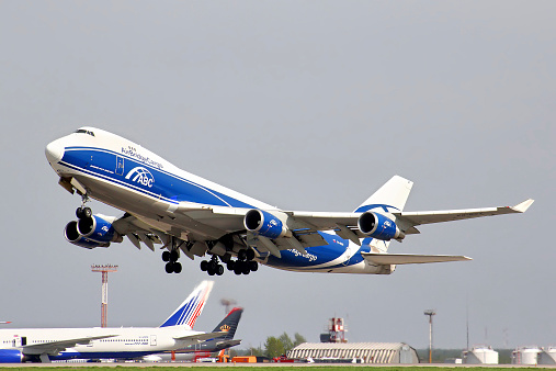 Moscow, Russia - May 10, 2013: Blue and white AirBridgeCargo Boeing 747-400ERF takes off the Domodedovo International Airport.