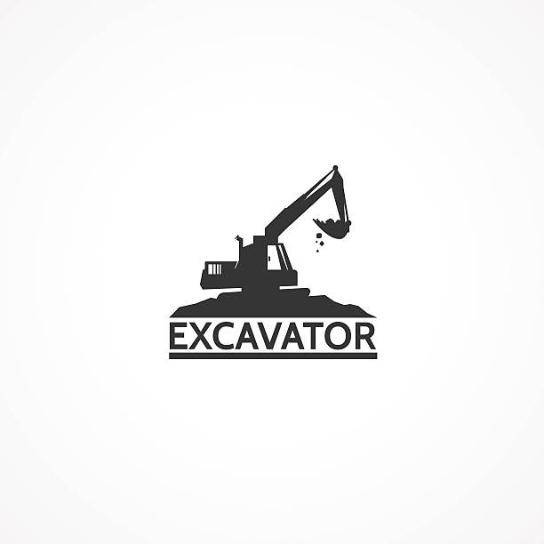 Excavator on the mountain. Excavator logo. mechanical digger stock illustrations
