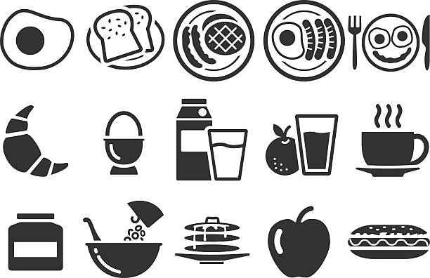 ilustrações de stock, clip art, desenhos animados e ícones de ilustração vetorial de stock: ícones de pequeno-almoço - coffee fried egg breakfast toast