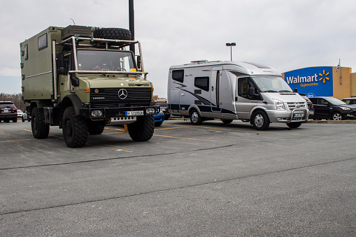 Bedford, Nova Scotia, Canada - May 14, 2016: European recreational vehicles camping overnight in a Walmart parking lot.