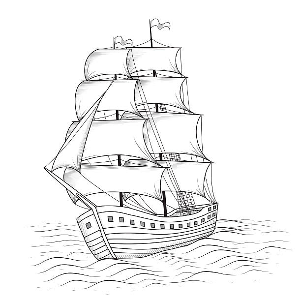 illustrazioni stock, clip art, cartoni animati e icone di tendenza di nave con vele vintage e sul mare - caravel nautical vessel sailing ship passenger ship