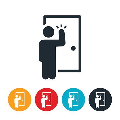 An icon of a door to door salesperson. The person is shown knocking on a door to deliver a sales pitch.