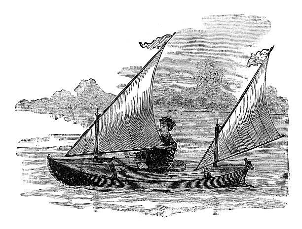 парусный спорт - illustration and painting retro revival sailboat antique stock illustrations