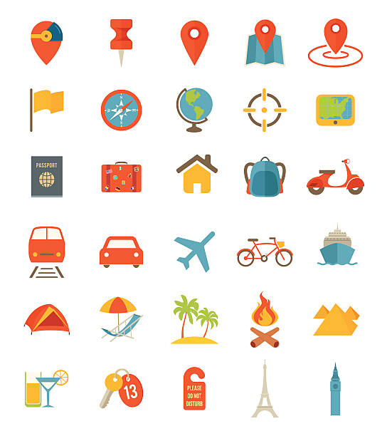 illustrazioni stock, clip art, cartoni animati e icone di tendenza di piatto icone di viaggio - mezzo di trasporto illustrazioni