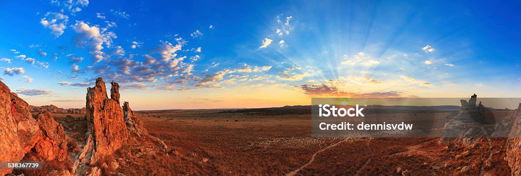 Sunset panorama Isalo Beautiful panorama of the afternoon sunset at 'La Fenetre', in Isalo national park in Madagascar Isalo National Park Stock Photo