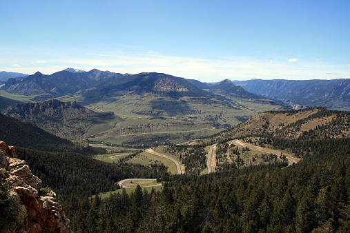View from the top of Dead Indian Pass looking westward toward Yellowstone National Park - this is the road from Cody Wyoming to Yellowstone - this was named after the time when the Nez Perce tribe of native Americans were trying to get to Canada ahead of the US army and one member of the tribe died there