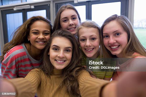 Selfie With The Girls Stock Photo - Download Image Now - Teenagers Only, Teenage Girls, School Building