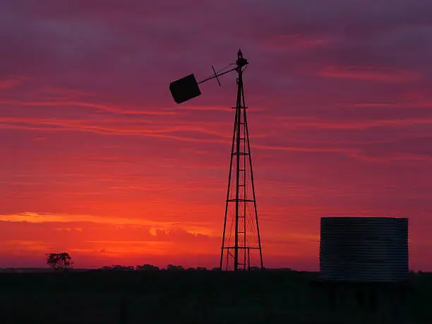 Windmill and Watertank with Blood Red Sunset, Victoria, Australia