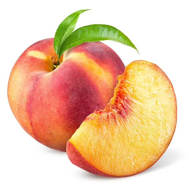 Photo of Peach with slice and leaves isolated on white