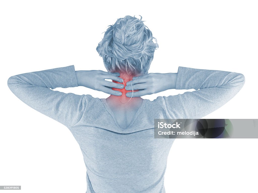 Woman neck pain. Woman neck pain in his hands. 2015 Stock Photo