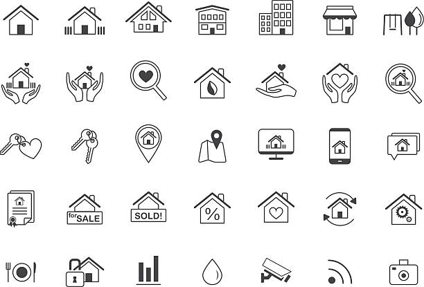 ilustraciones, imágenes clip art, dibujos animados e iconos de stock de conjunto de iconos de bienes raíces, y minimalistas, hogar de - moving house house action silhouette