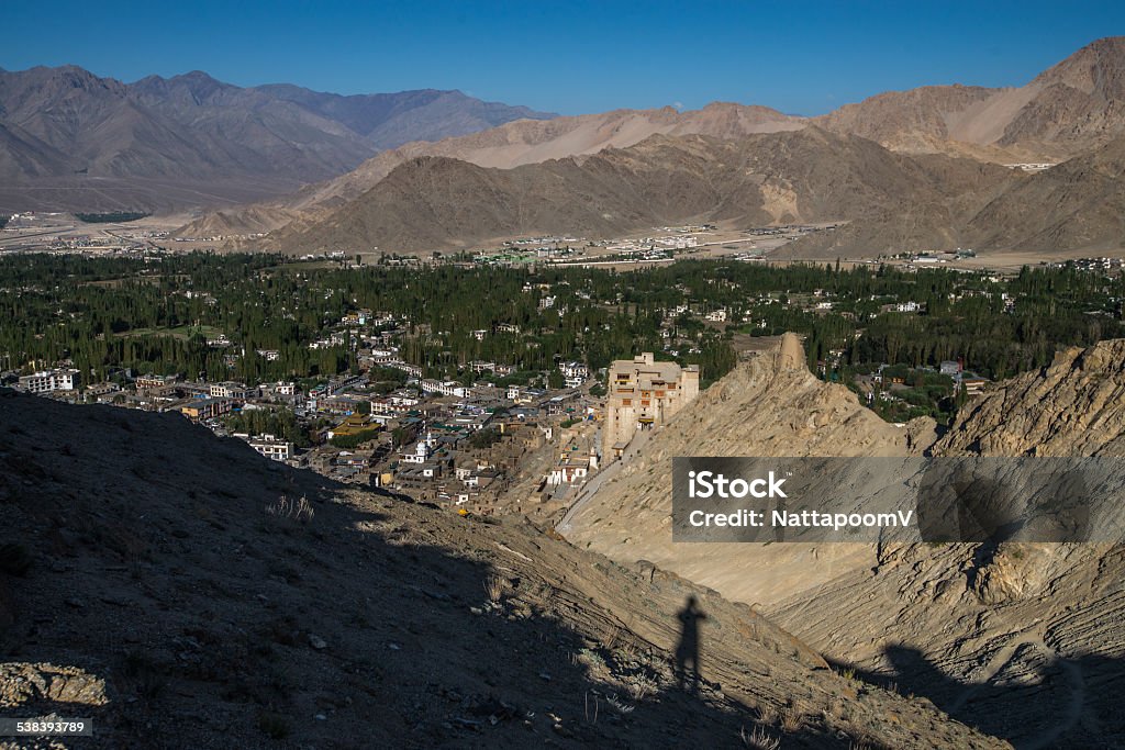 The Own Shadow Bird eye view of Leh village with my shadow. 2015 Stock Photo