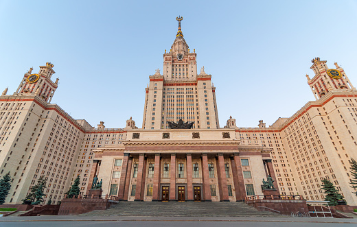 The main building of Lomonosov Moscow State University on Sparrow Hills in Moscow, Russia
