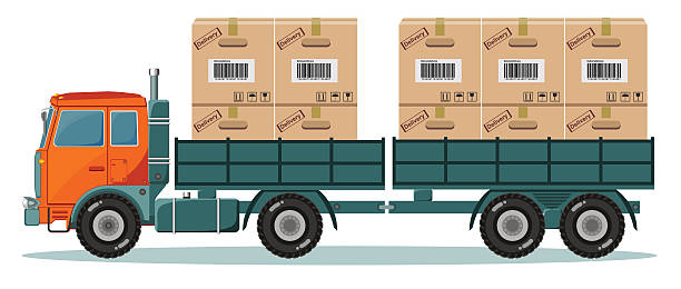 Long truck with cargo goes to the warehouse, vector illustration Long truck with trailer picked products from the factory to the warehouse. Stock vector illustration film trailer music stock illustrations