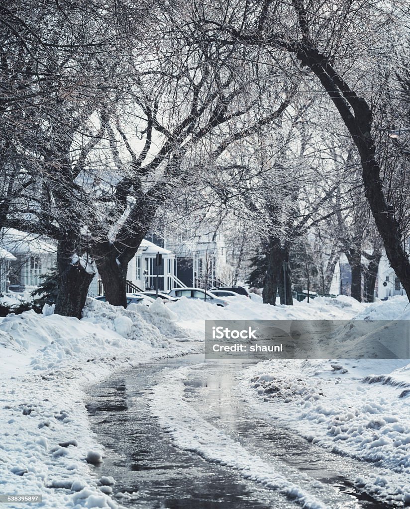 Curving Winter Street A suburban, tree lined street is encased in Winter. 2015 Stock Photo