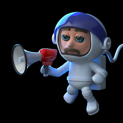 3d render of an astronaut in space using a megaphone.