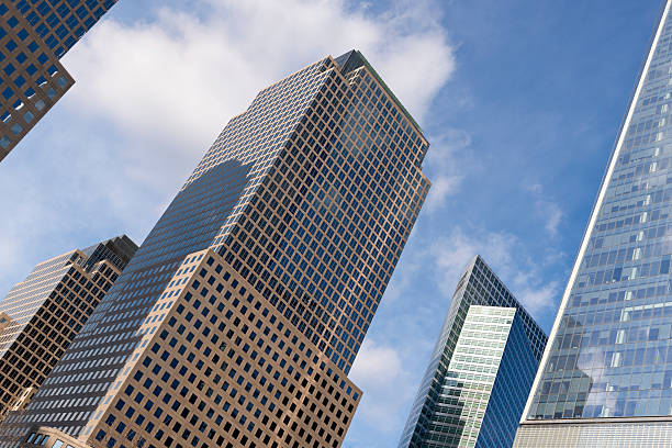 istock Skyscrapers from ground view with blue sky visible 538445925