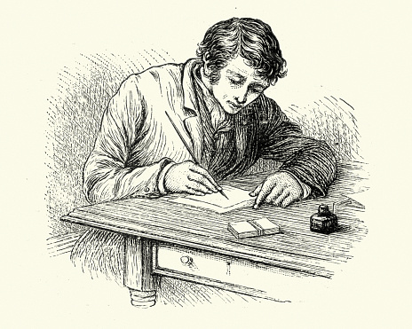 Vintage engraving of a Young victorian man writing a letter