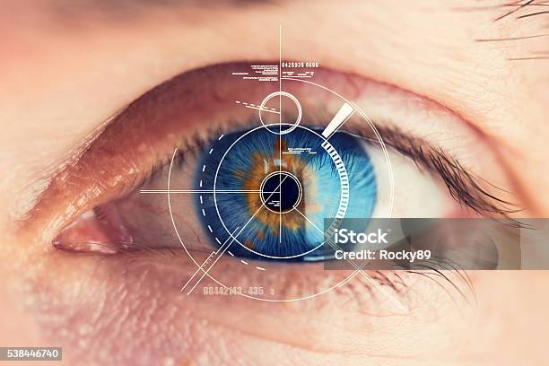 Security Retina Scanner On Blue Eye Stock Photo - Download Image Now - Eye, Technology, Optometry