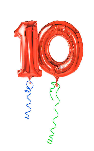 Red balloons with ribbon - Number 10 Red balloons with ribbon - Number 10 number 10 photos stock pictures, royalty-free photos & images
