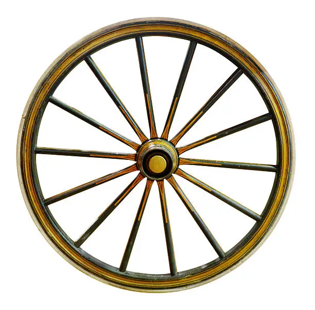 Wooden wheel of an old chariot, isolated on white background.