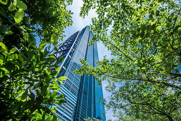 edificio adibito a uffici con alberi di shiodome, tokyo - shimbashi district skyscraper building exterior low angle view foto e immagini stock