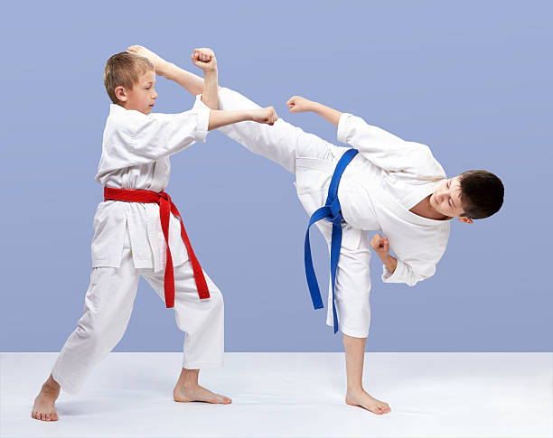 istock With red and blue belt boys are training strikes 538452688