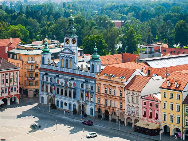 Town hall and other historical buildings on main square in Ceske Budejovice, Czech Republic